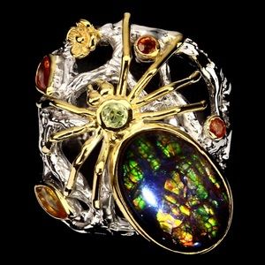 Unique Genuine Ammolite and Sapphire Ring